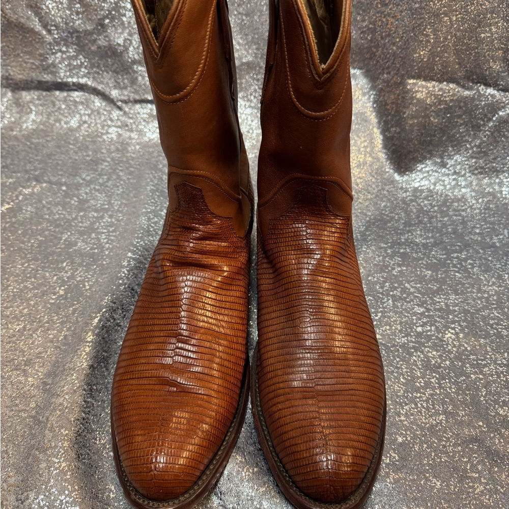 Tecovas Cognac Brown Western Lizard-Texture Boots